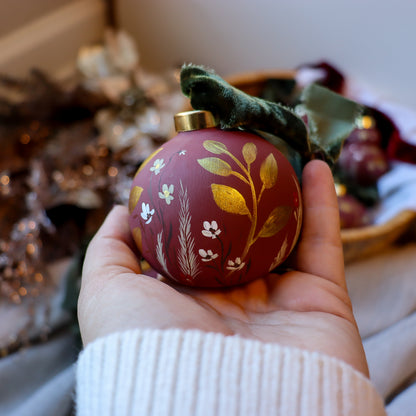 Botanicals in Scarlet Round Shaped Ceramic Ornament