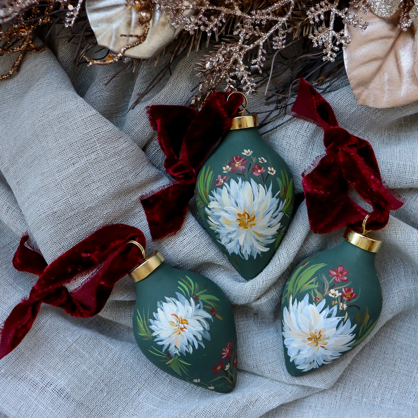 Dahlias in Verte Icicle shaped Ceramic Ornament
