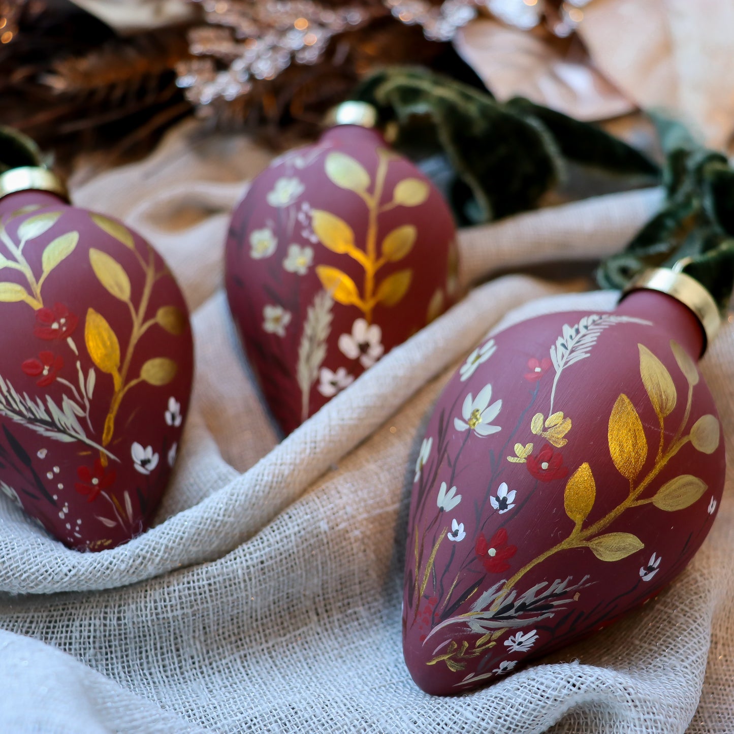 Botanicals in Scarlet Icicle Shaped Ceramic Ornament