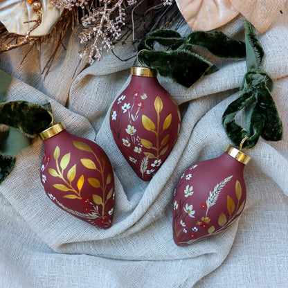 Botanicals in Scarlet Icicle Shaped Ceramic Ornament