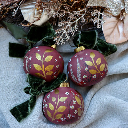 Botanicals in Scarlet Round Shaped Ceramic Ornament