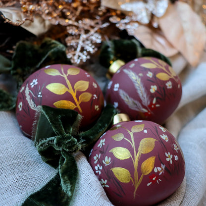 Botanicals in Scarlet Round Shaped Ceramic Ornament