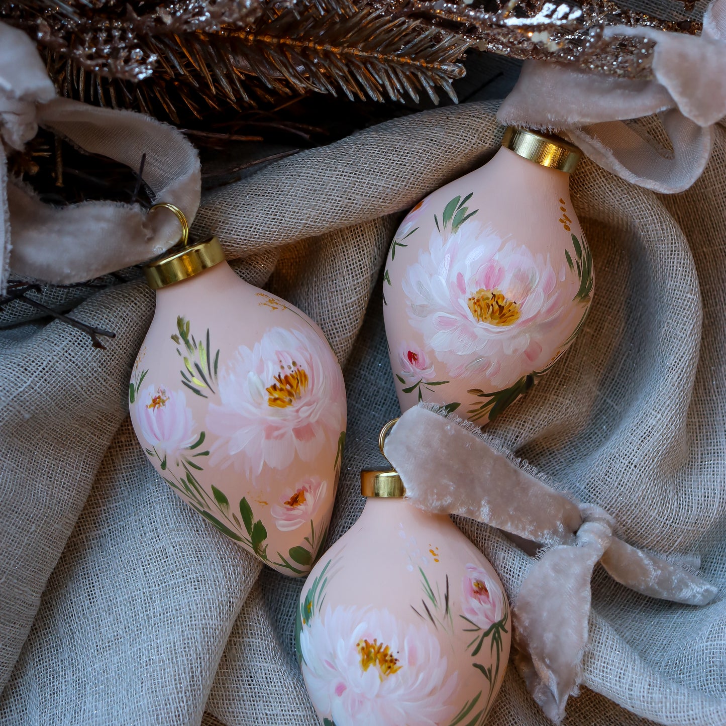 Peonies in Blush Icicle Shaped Ceramic Ornament