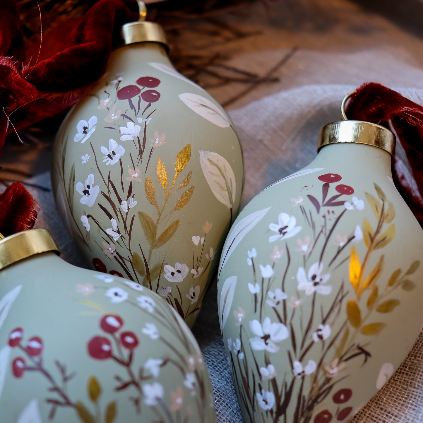 Botanicals in Sage Icicle Shaped Ceramic Ornament