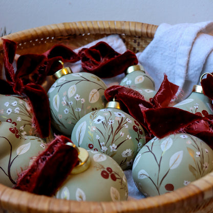 Botanicals in Sage Retro Shaped Ceramic Ornament