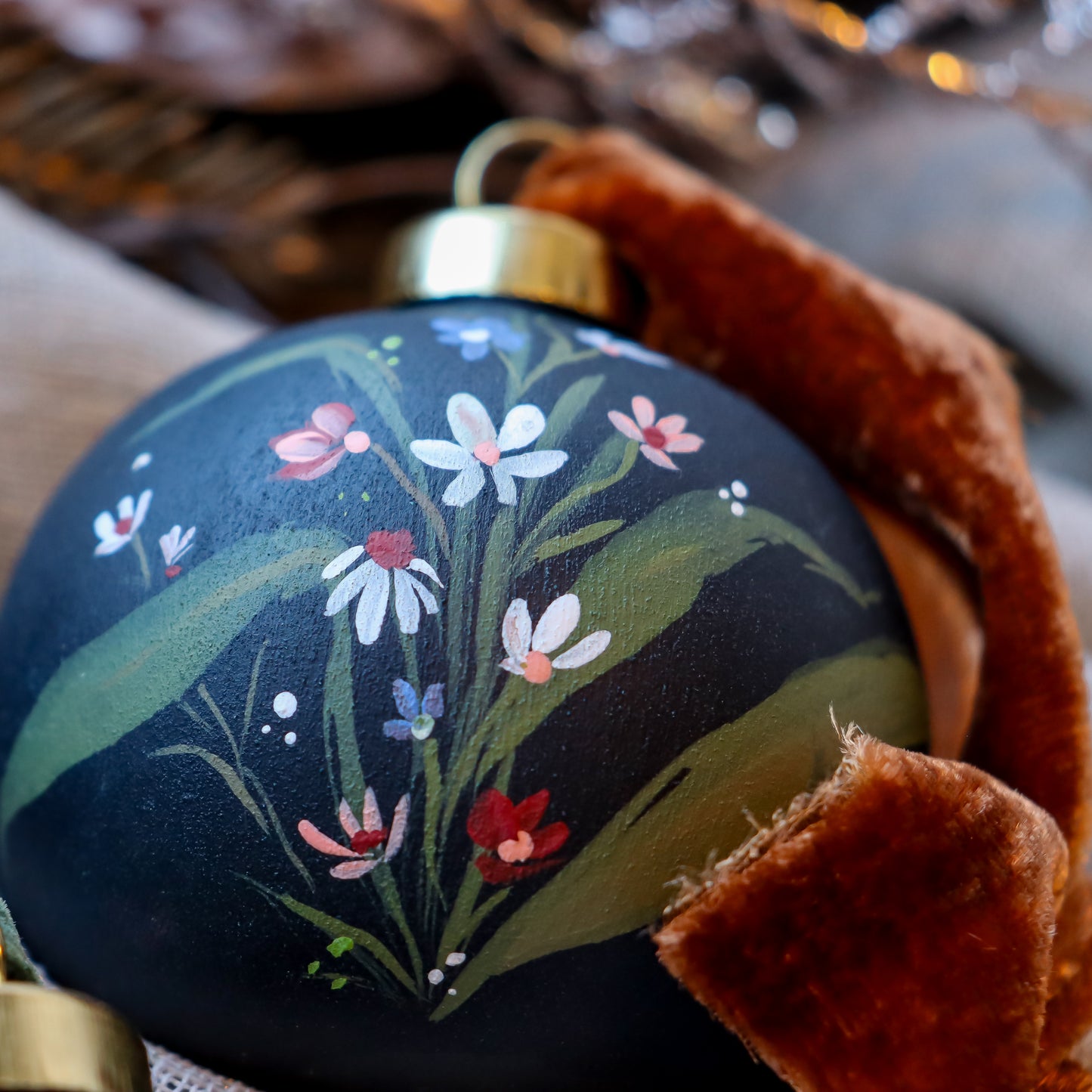 Wildflowers in Dark Navy Round Shaped Ceramic Ornament