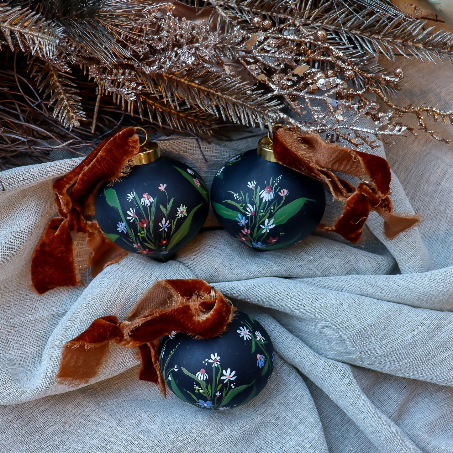 Wildflowers in Dark Navy Icicle Shaped Ceramic Ornament