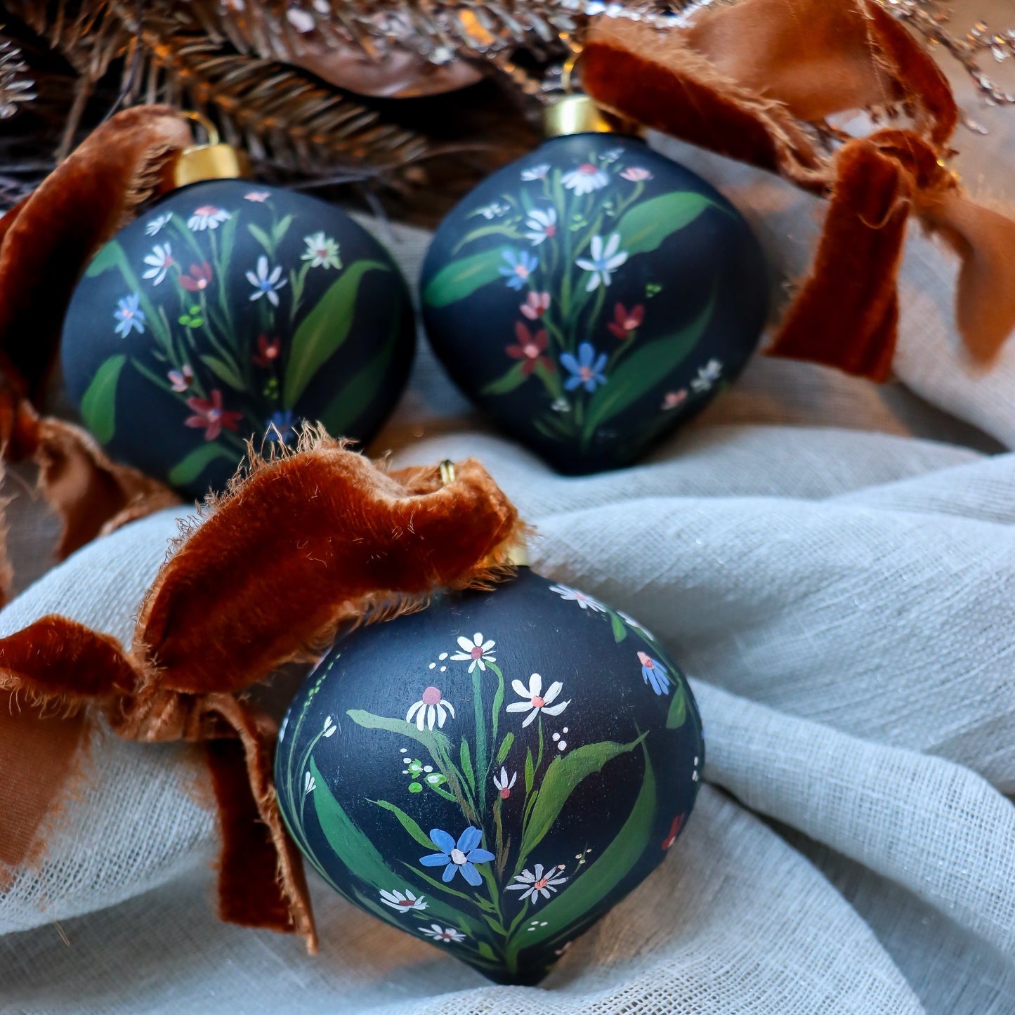 Wildflowers in Dark Navy Icicle Shaped Ceramic Ornament