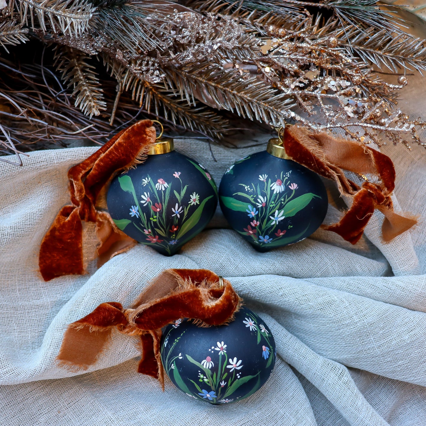 Wildflowers in Dark Navy Icicle Shaped Ceramic Ornament