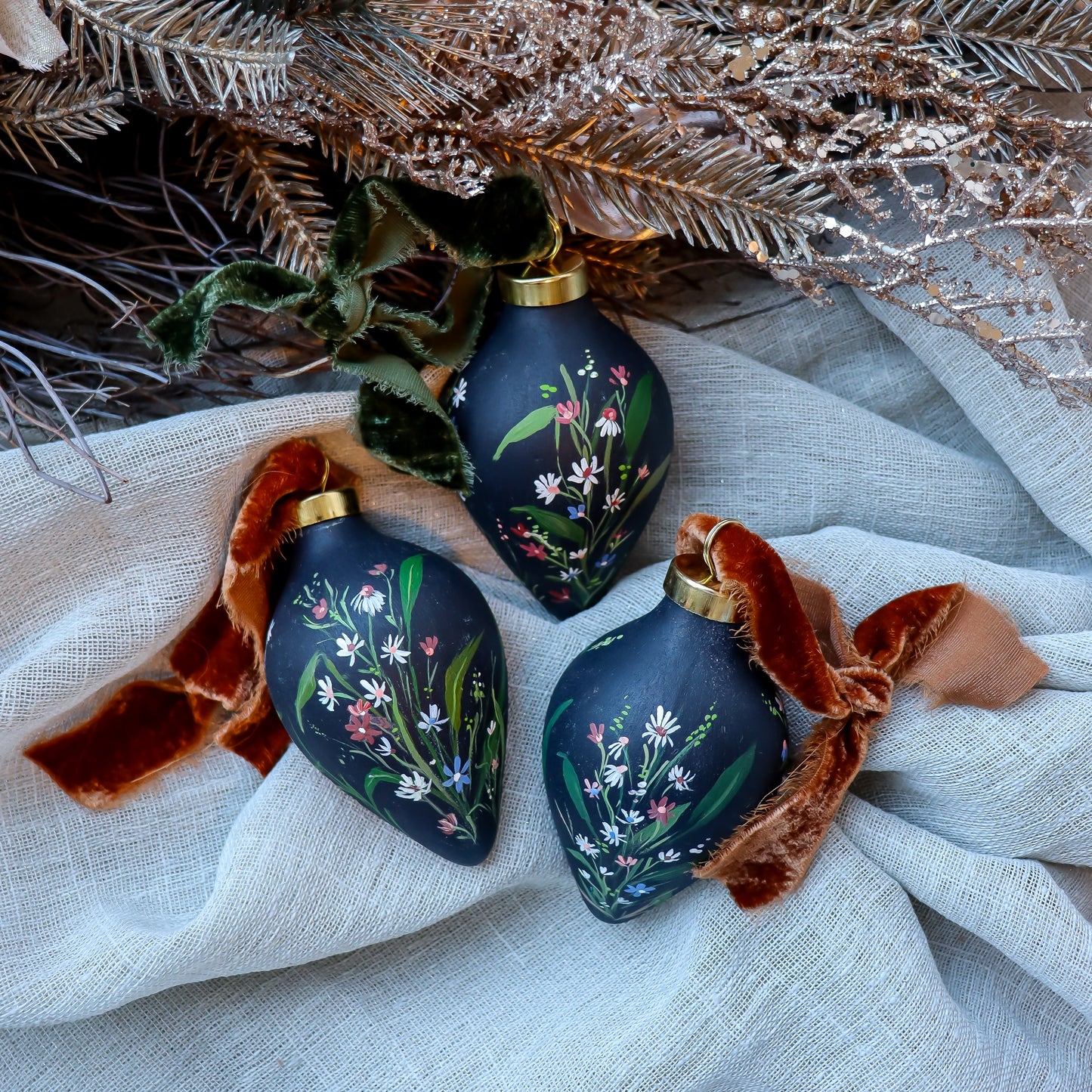 Wildflowers in Dark Navy Icicle Shaped Ceramic Ornament