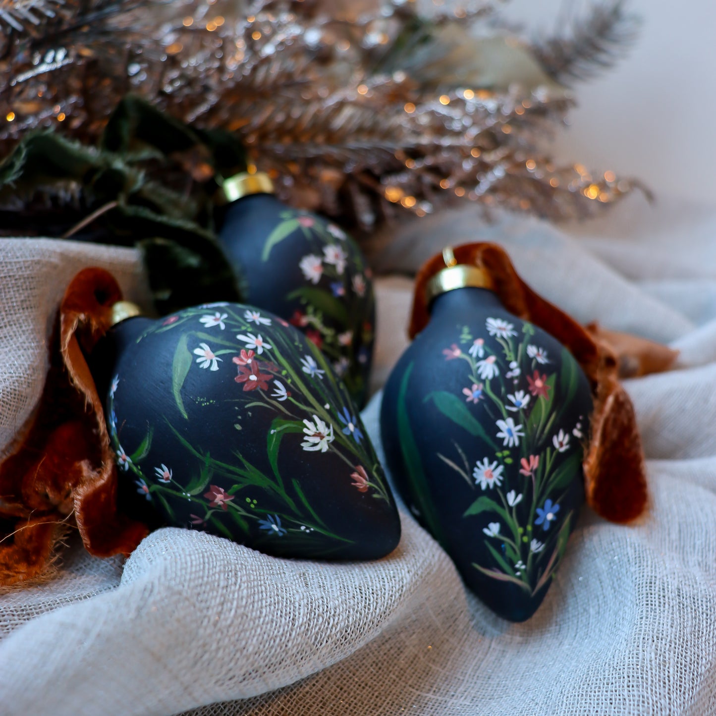 Wildflowers in Dark Navy Icicle Shaped Ceramic Ornament