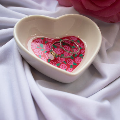 Pink Roses in Red Ceramic Trinket Dish