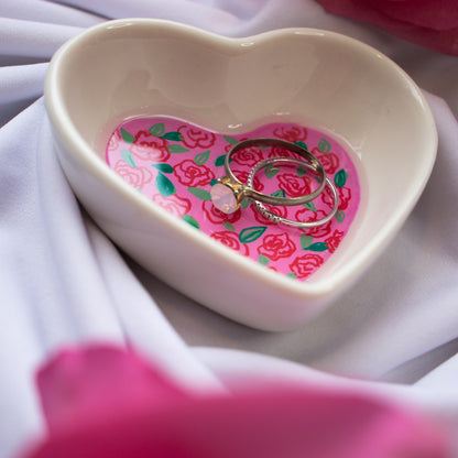 Red Roses in Pink Ceramic Trinket Dish