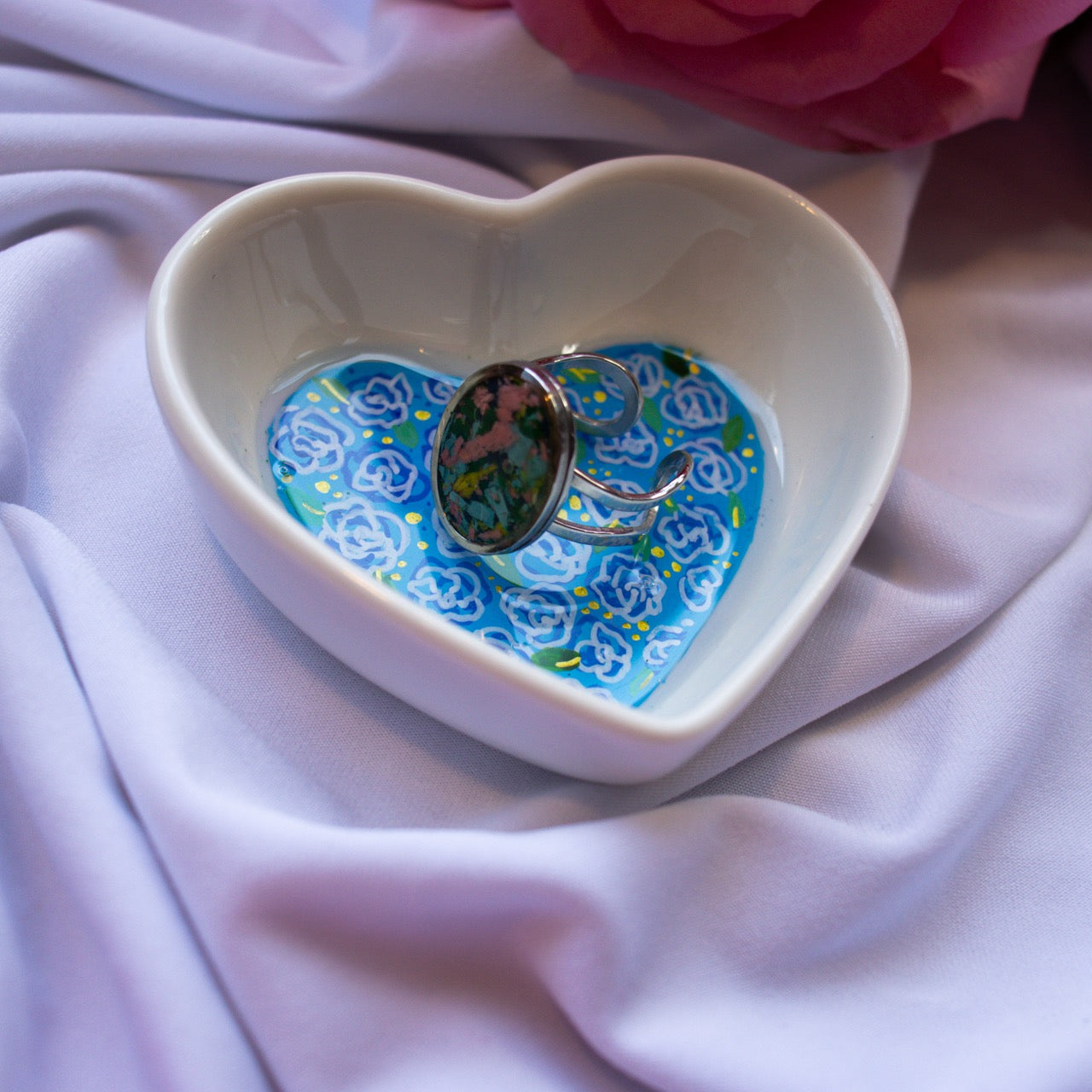 White Roses in Blue Ceramic Trinket Dish