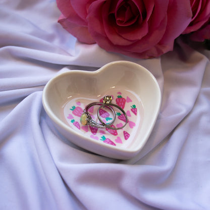 Strawberries and Hearts Pattern Ceramic Trinket Dish
