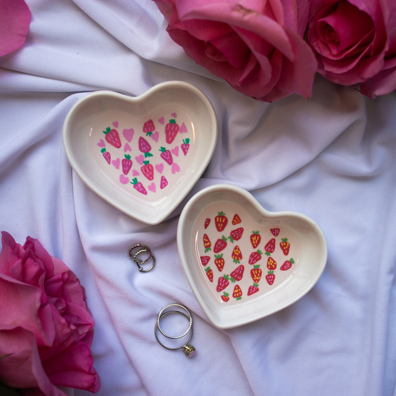 Strawberries and Hearts Pattern Ceramic Trinket Dish