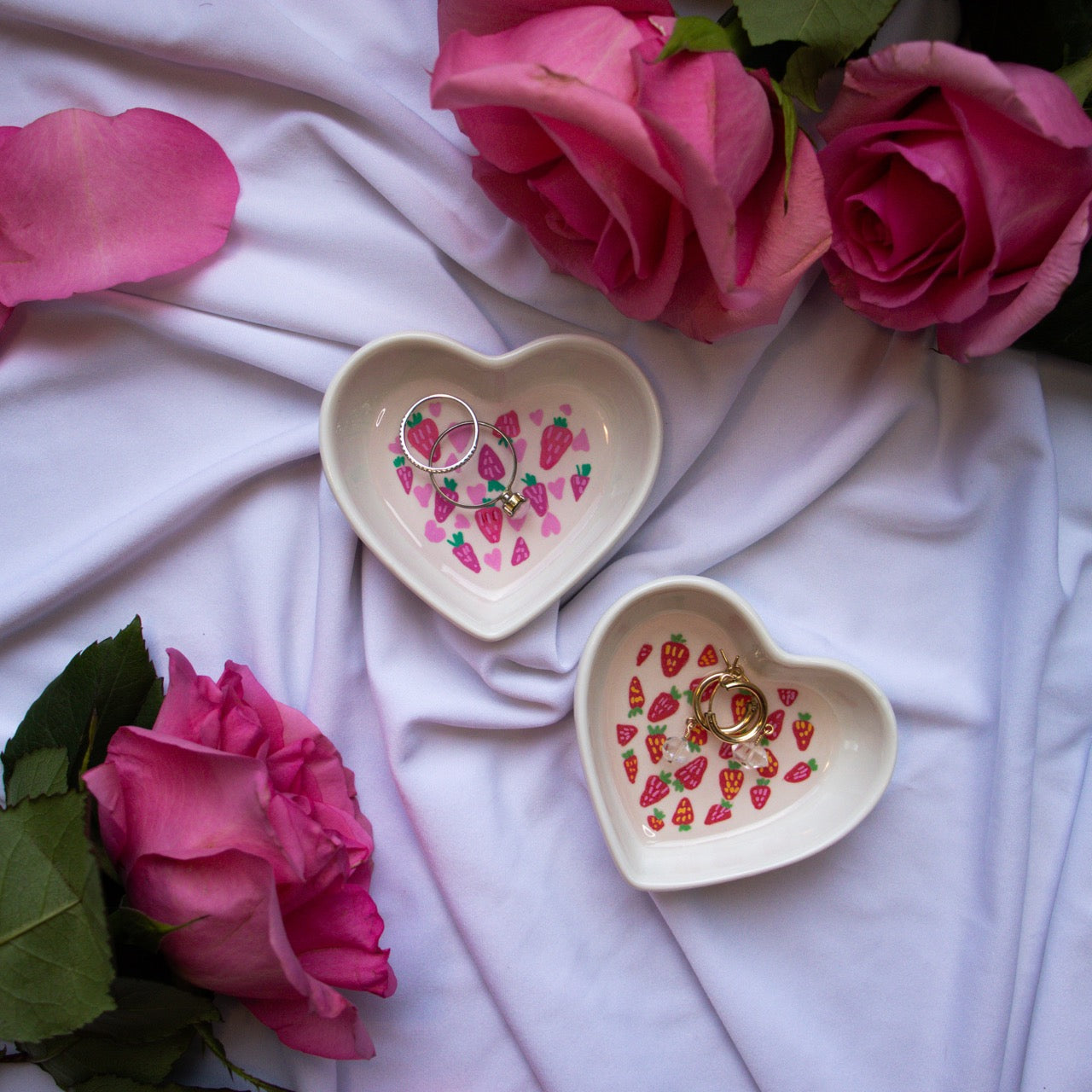 Strawberries and Hearts Pattern Ceramic Trinket Dish