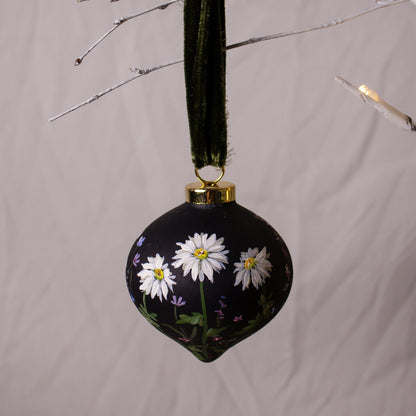 Daisies in Dark Navy Retro Shaped Ceramic Ornament