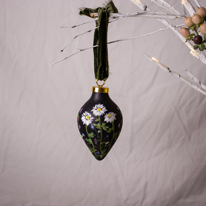 Daisies in Dark Navy Icicle Shaped Ceramic Ornament