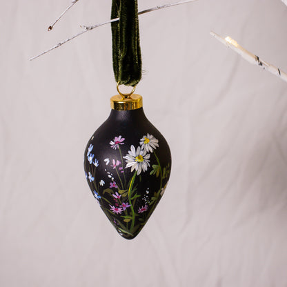 Daisies in Dark Navy Icicle Shaped Ceramic Ornament
