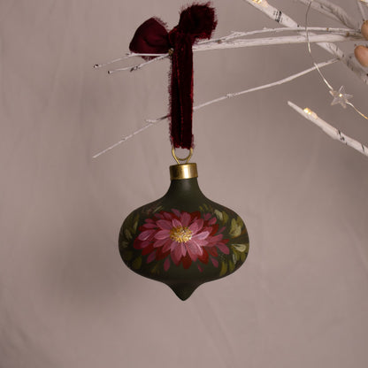 Crimson Blooms in Verte Retro Shaped Ceramic Ornament