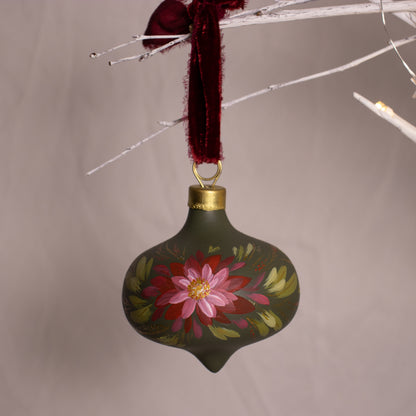 Crimson Blooms in Verte Retro Shaped Ceramic Ornament