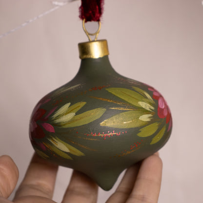 Crimson Blooms in Verte Retro Shaped Ceramic Ornament