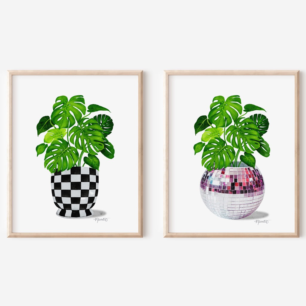 Monstera Checkered Pot Watercolor Art Print