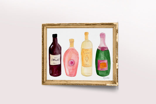 Wine and Champagne Bottles watercolor art print