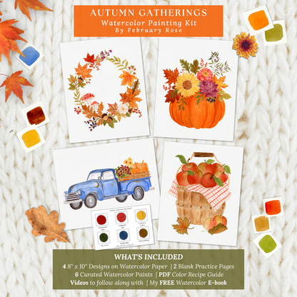 Autumn Gatherings Watercolor Kit – Hand-Drawn Fall Coloring Pages, Pumpkin Vase, Harvest Truck, Autumn Wreath, Apple Basket, 8x10, Paint Included
