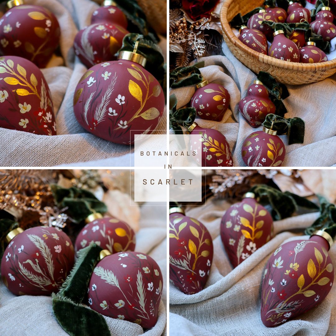 Botanicals in Scarlet Icicle Shaped Ceramic Ornament