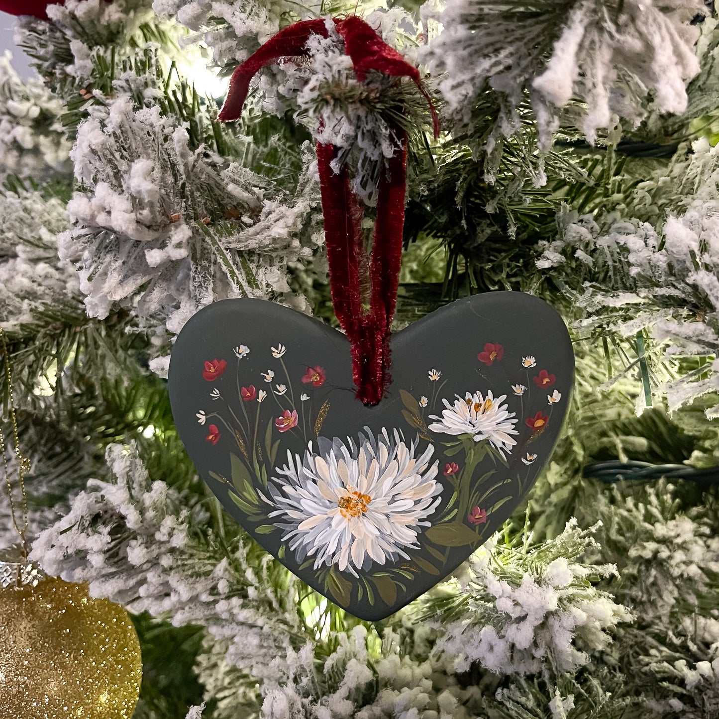 Dahlias in Verte Heart Shaped Ornament 2
