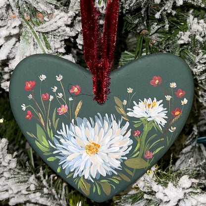 Dahlias in Verte Heart Shaped Ornament 2