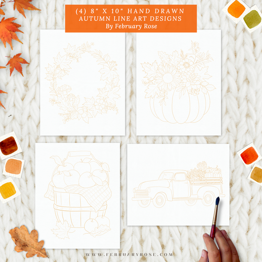 Autumn Gatherings Watercolor Kit – Hand-Drawn Fall Coloring Pages, Pumpkin Vase, Harvest Truck, Autumn Wreath, Apple Basket, 8x10, Paint Included