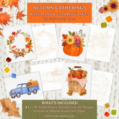 Autumn Gatherings Hand-Drawn Fall Watercolor Coloring Pages ONLY