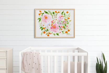 Floral Print Wall Art | Floral Artwork | Botanical Art | Girl Nursery Decor | Flowers Painting | Orange Burst