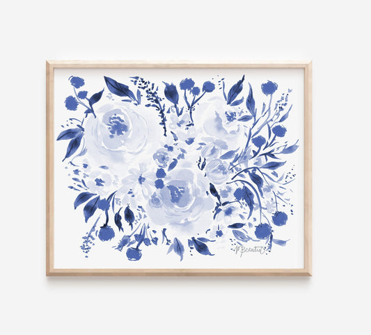 Navy Burst Floral Print Wall Art | Floral Artwork | Botanical Art | Girl Nursery Decor | Flowers Painting