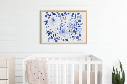 Navy Burst Floral Print Wall Art | Floral Artwork | Botanical Art | Girl Nursery Decor | Flowers Painting