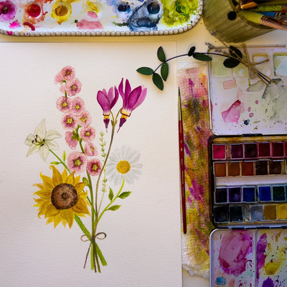 Custom Family Birth Flower Bouquet – Hand-Painted Watercolor