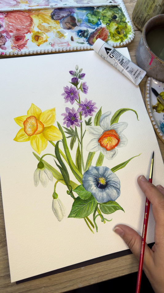Custom Family Birth Flower Watercolor Bouquet, Mother's Day Gift, Gifts for Grandma, Birth Flower Art, Watercolor Flowers