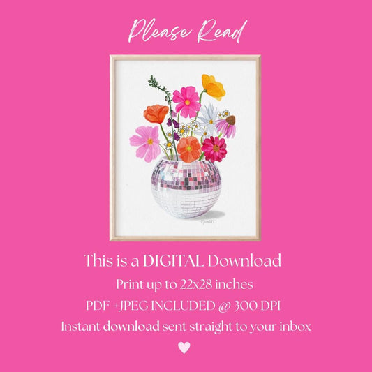 Disco Flowers DIGITAL DOWNLOAD Print Trendy Printable Wall Art Discoball Art Print Bright Retro Flowers Watercolor Flowers Dopamine Decor