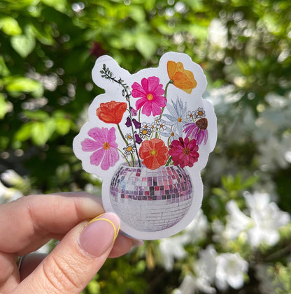 Disco Flowers Sticker, Waterproof Vinyl Sticker, Disco Ball, Flower Sticker, Retro, Pink Flowers
