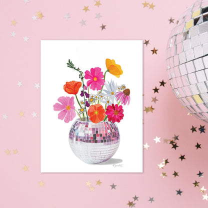 Disco Flowers DIGITAL DOWNLOAD Print Trendy Printable Wall Art Discoball Art Print Bright Retro Flowers Watercolor Flowers Dopamine Decor