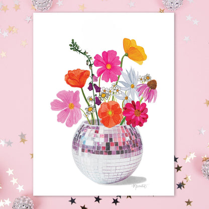 Disco Flowers DIGITAL DOWNLOAD Print Trendy Printable Wall Art Discoball Art Print Bright Retro Flowers Watercolor Flowers Dopamine Decor