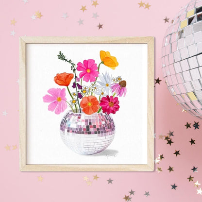 Disco Flowers DIGITAL DOWNLOAD Print Trendy Printable Wall Art Discoball Art Print Bright Retro Flowers Watercolor Flowers Dopamine Decor