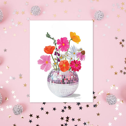 Disco Flowers DIGITAL DOWNLOAD Print Trendy Printable Wall Art Discoball Art Print Bright Retro Flowers Watercolor Flowers Dopamine Decor