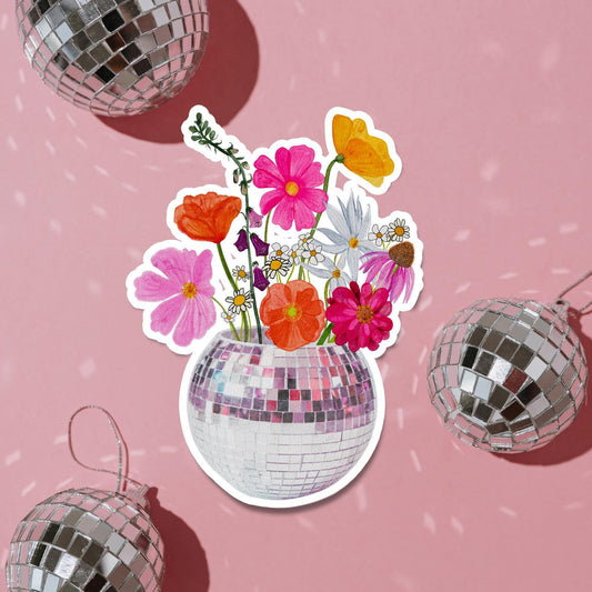 Disco Flowers Sticker, Waterproof Vinyl Sticker, Disco Ball, Flower Sticker, Retro, Pink Flowers