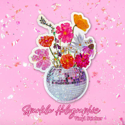 Sparkle Holographic Disco Flowers Sticker, Waterproof Vinyl Sticker, Disco Ball, Flower Sticker, Retro, Pink Flowers