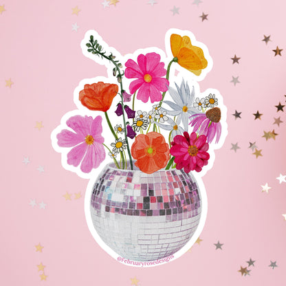 Disco Flowers Sticker, Waterproof Vinyl Sticker, Disco Ball, Flower Sticker, Retro, Pink Flowers