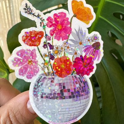 Sparkle Holographic Disco Flowers Sticker, Waterproof Vinyl Sticker, Disco Ball, Flower Sticker, Retro, Pink Flowers